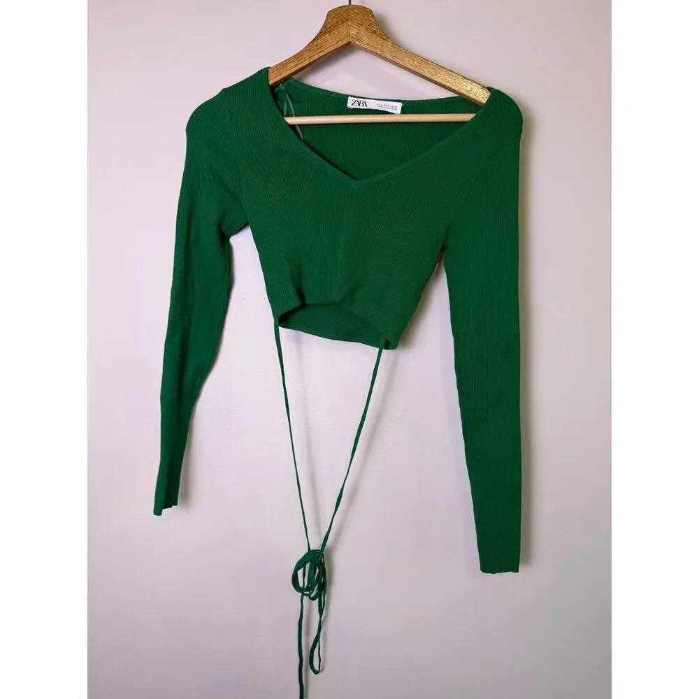ZARA Green Ribbed Wrap Tie Crop Top Long Sleeve Cutout Small